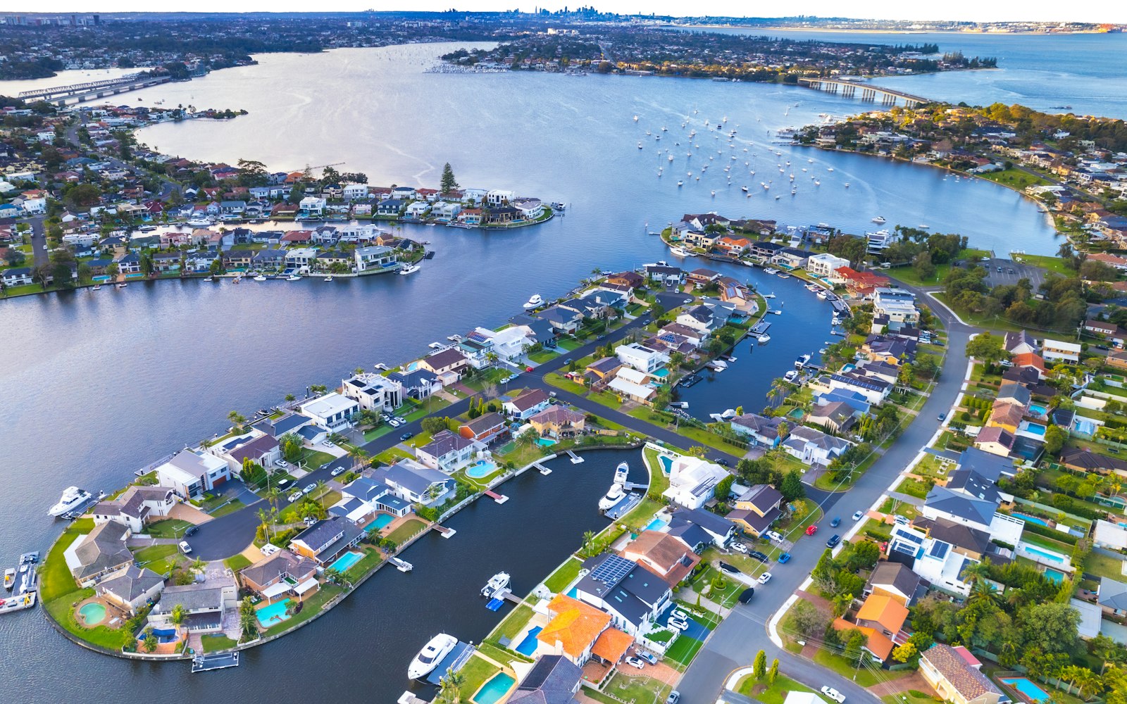 Aerial view of canal homes and waterways