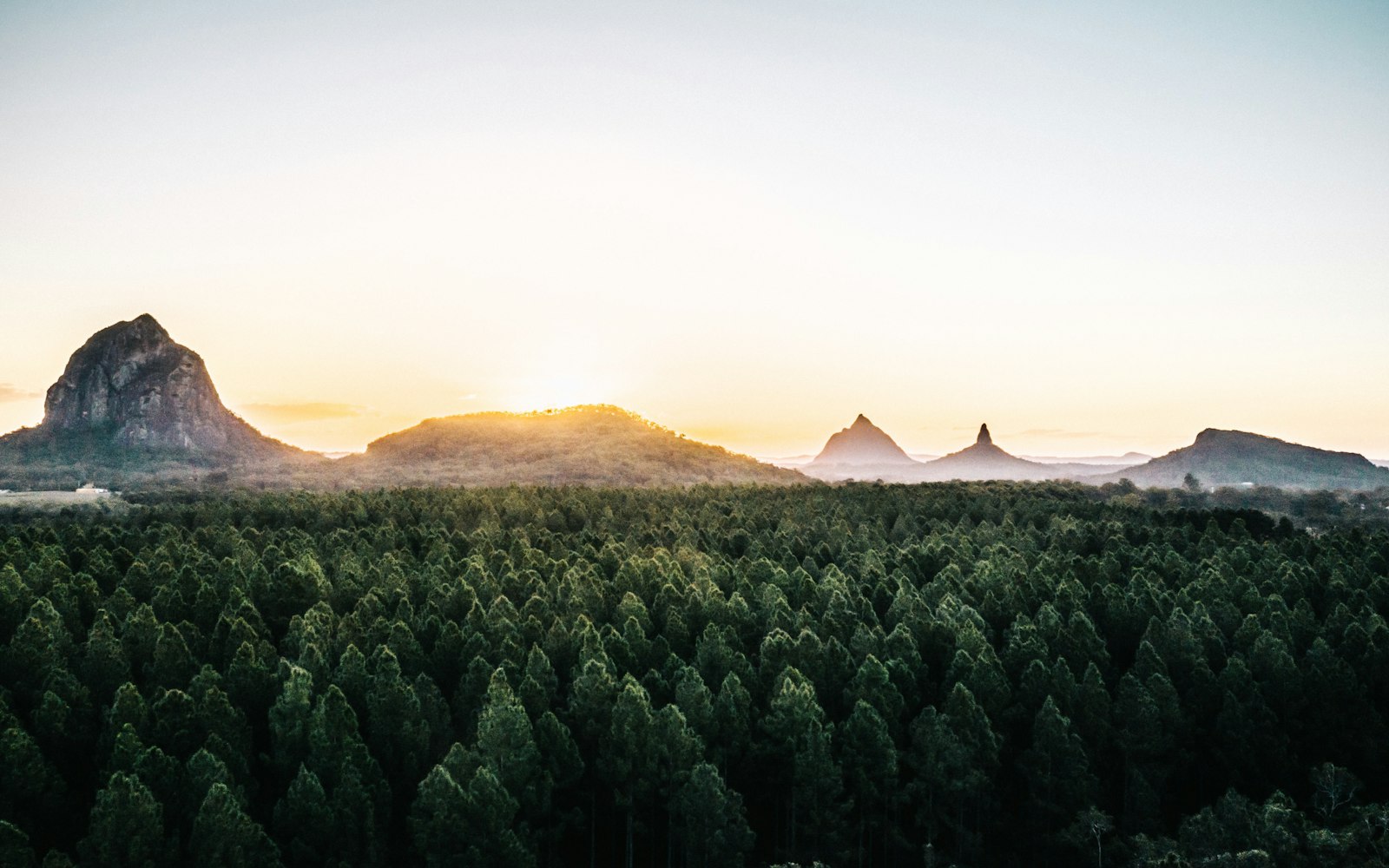 Sunrise over the Sunshine Coast hinterland and Glass House Mountains